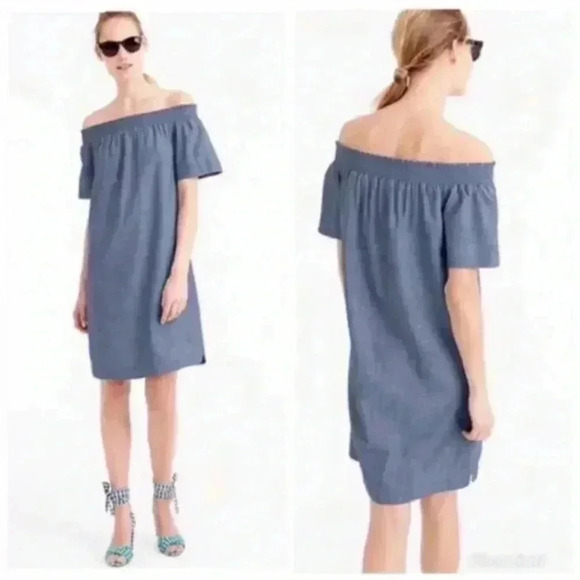New with tags J Crew Off The Shoulder Smocked blue Chambray Denim midi Dress - Picture 1 of 6